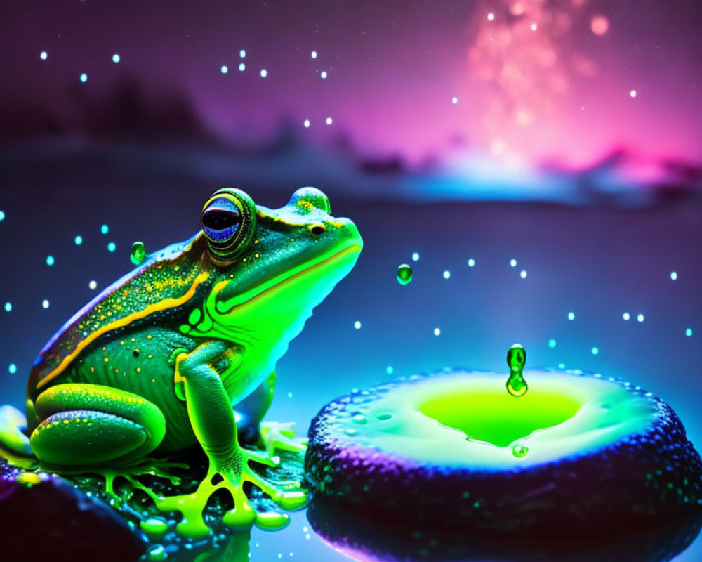 Neon-colored frog on leaf with luminescent water drop in aurora backdrop