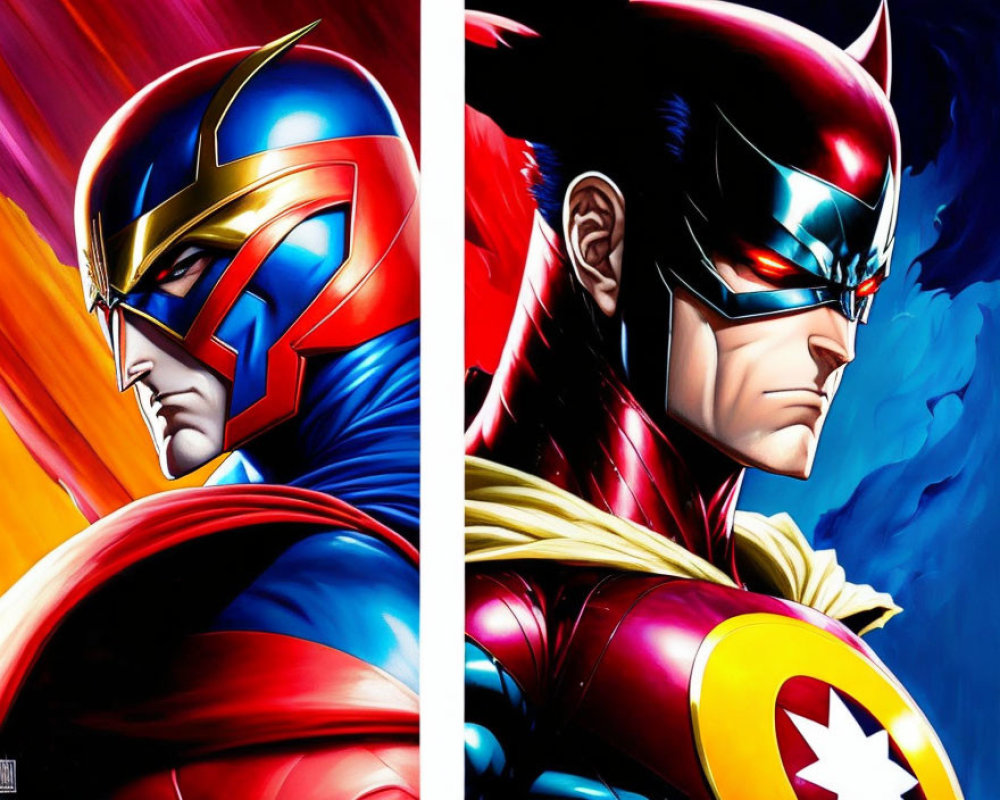Colorful Superheroes in Blue and Red, Red and Gold Costumes