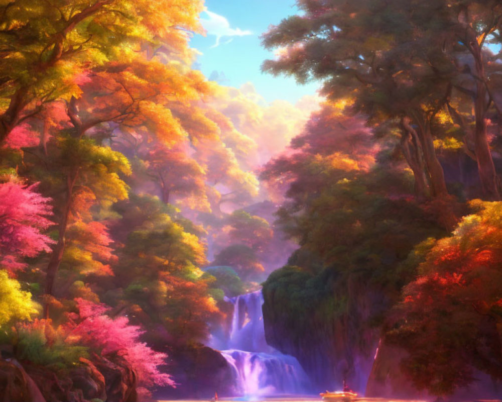 Vibrant autumn forest with waterfall and sunlight filtering through trees