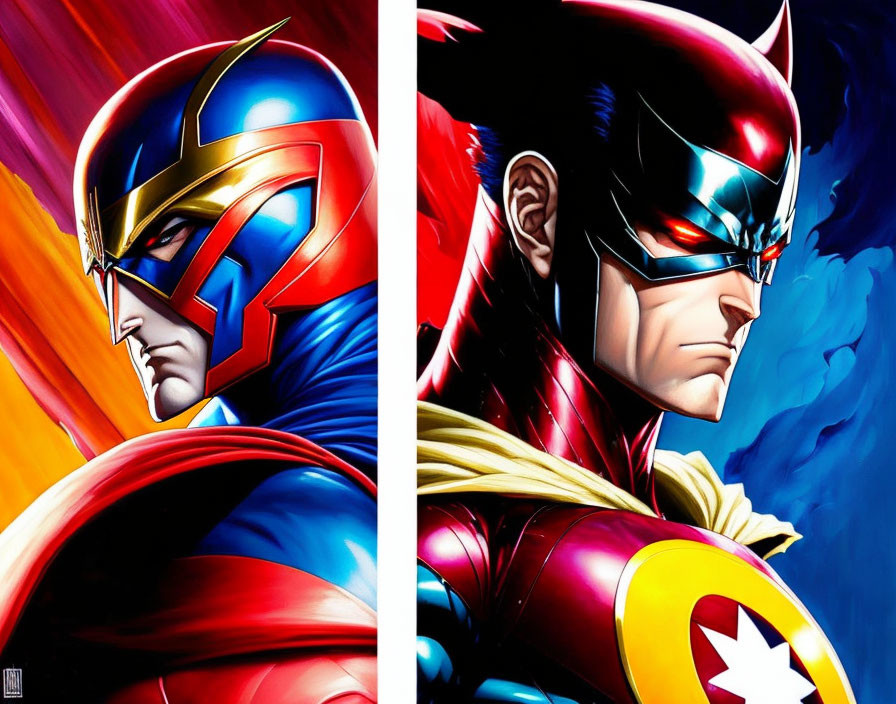 Colorful Superheroes in Blue and Red, Red and Gold Costumes