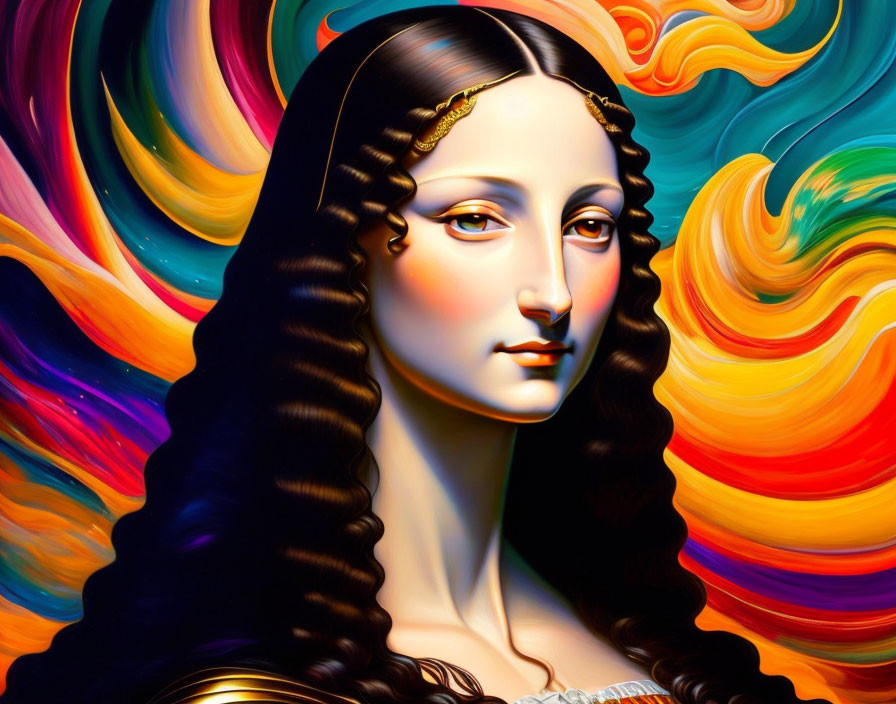 Digital artwork blending Mona Lisa with colorful abstract waves and swirls