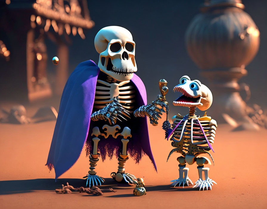 Whimsical skeleton characters in robe and crown with mystical items on orange backdrop
