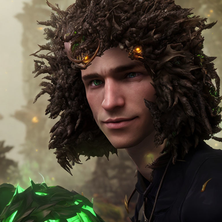 Person with Smiling Face, Branch Wreath, and Orange Eyes in Fantasy Theme