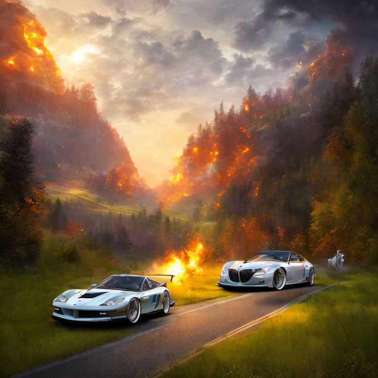 Sports cars and white horse on forest road with fiery trees