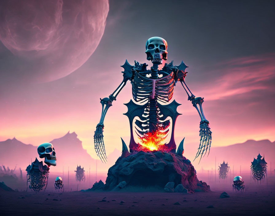 Surreal illustration: giant skeleton with flaming heart in desert under large moon