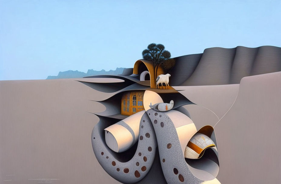 Surrealist painting of house with undulating walls, tree, and goat in barren landscape