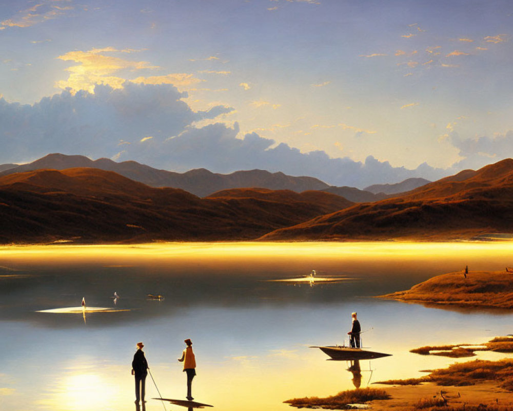 People by tranquil lake at sunset with hills and boat silhouettes