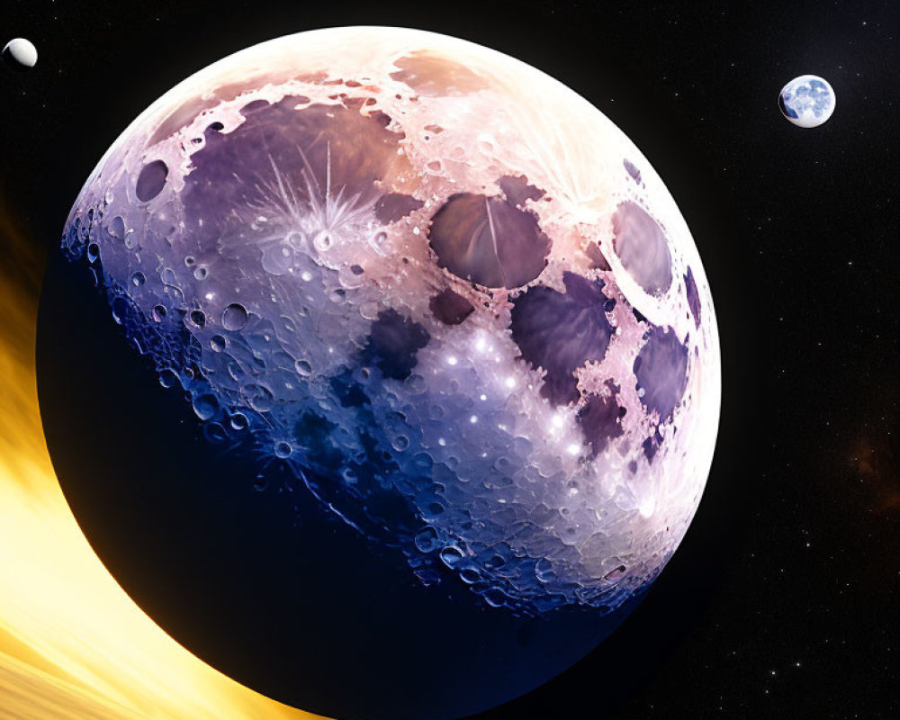 Illustration of large cratered celestial body with moons and Earth in starry space
