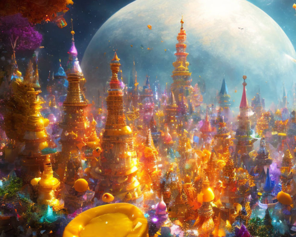 Colorful Cityscape with Ornate Towers Under Giant Moon