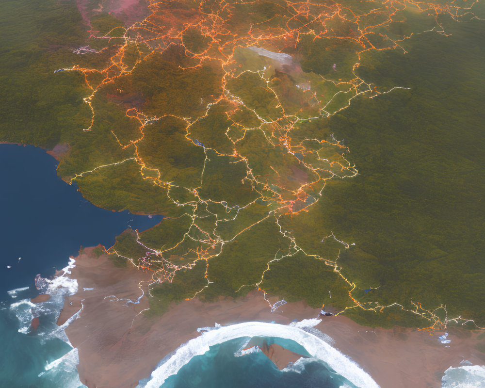 Satellite Image of Illuminated Road Network Over Diverse Landscape