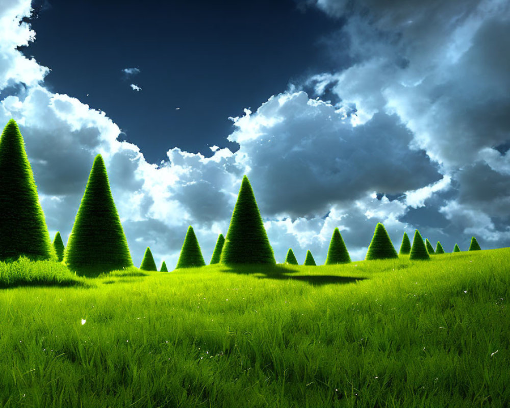 Vibrant green field under blue sky with fluffy clouds and conical trees