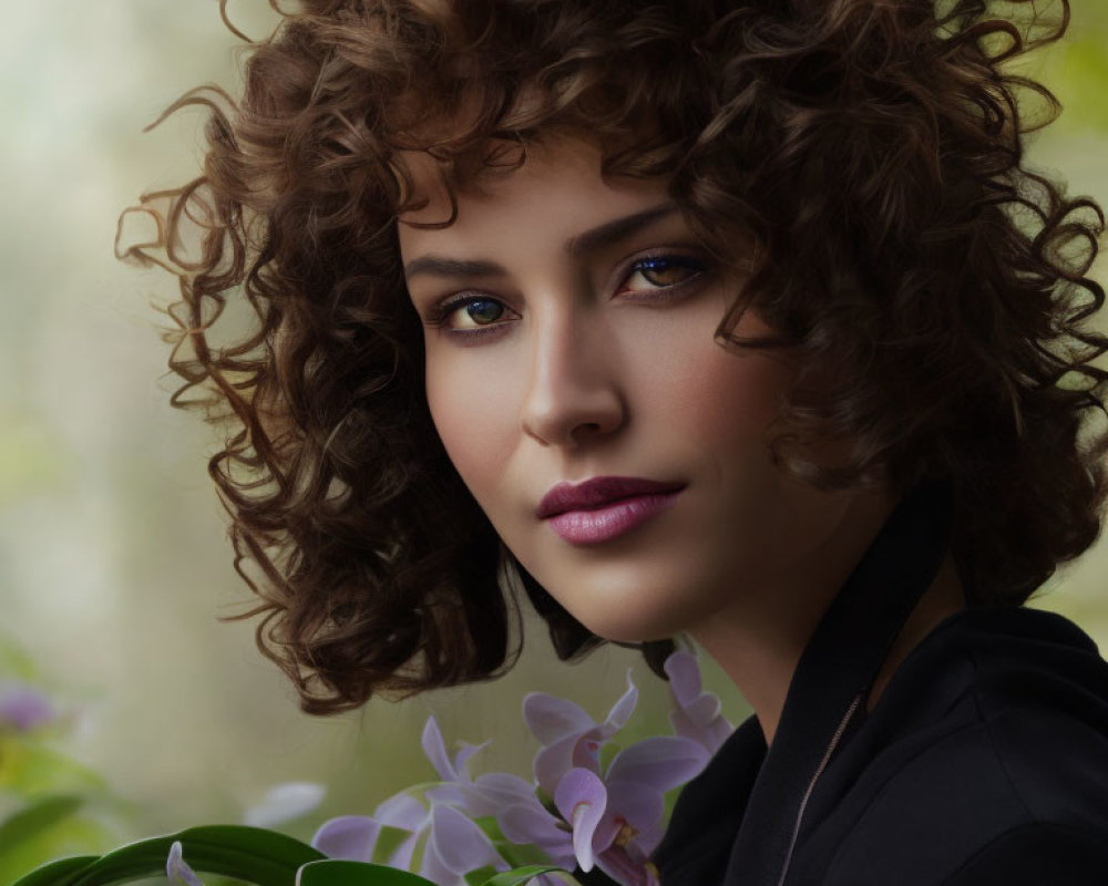 Portrait of woman with curly brown hair, blue eyes, purple lipstick, by blooming flowers