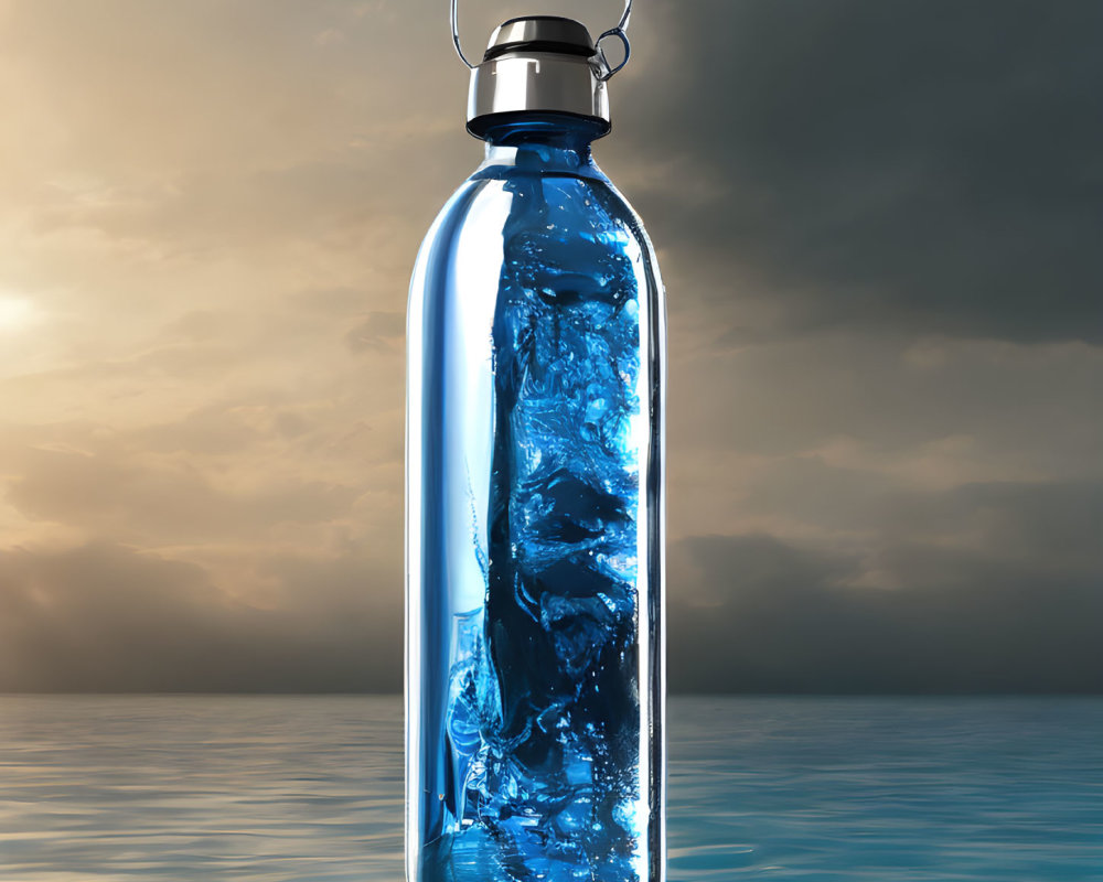 Translucent blue water bottle with swirling water against ocean backdrop