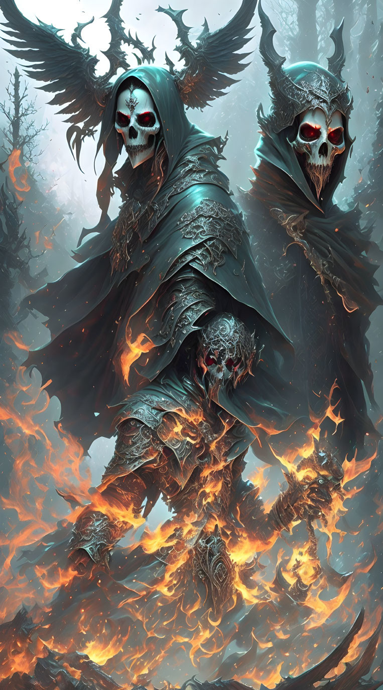 Ominous skull-faced figures in tattered cloaks with wings among flames and misty forest