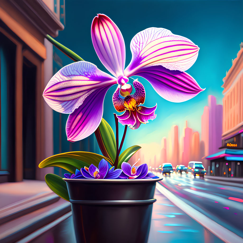 Colorful digital artwork: Purple orchid in pot with urban backdrop