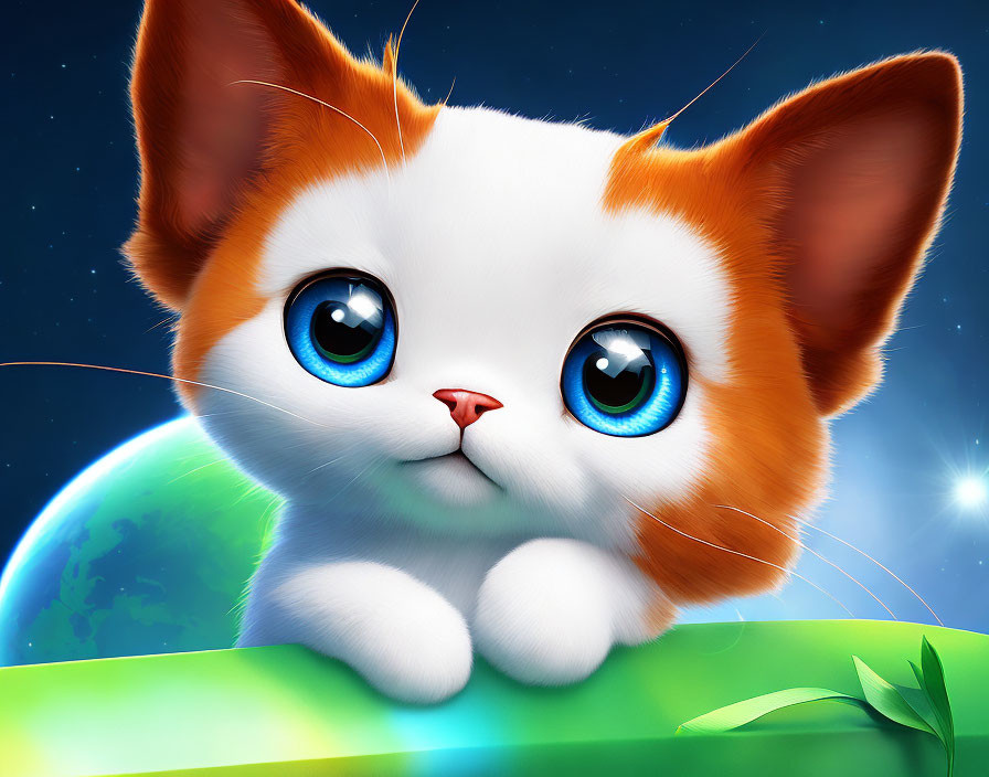 Adorable orange and white kitten with blue eyes in space scene