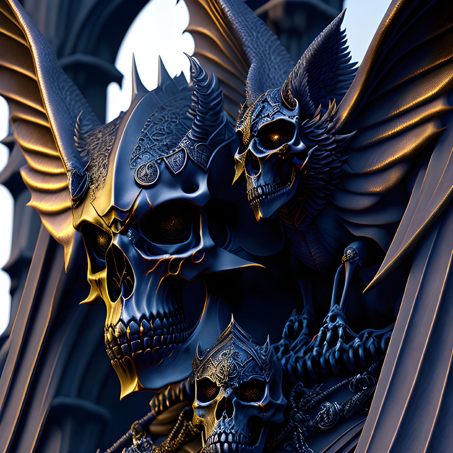 Detailed 3D metallic skull artwork with horns, feathers, gears, and blue tones