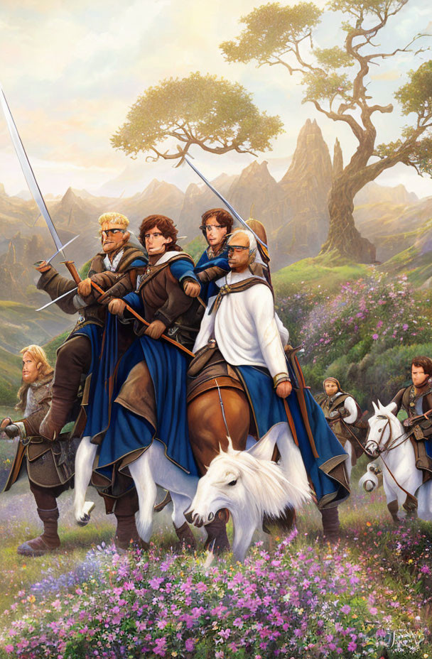 Fantasy illustration of four heroes riding through flower-covered valley