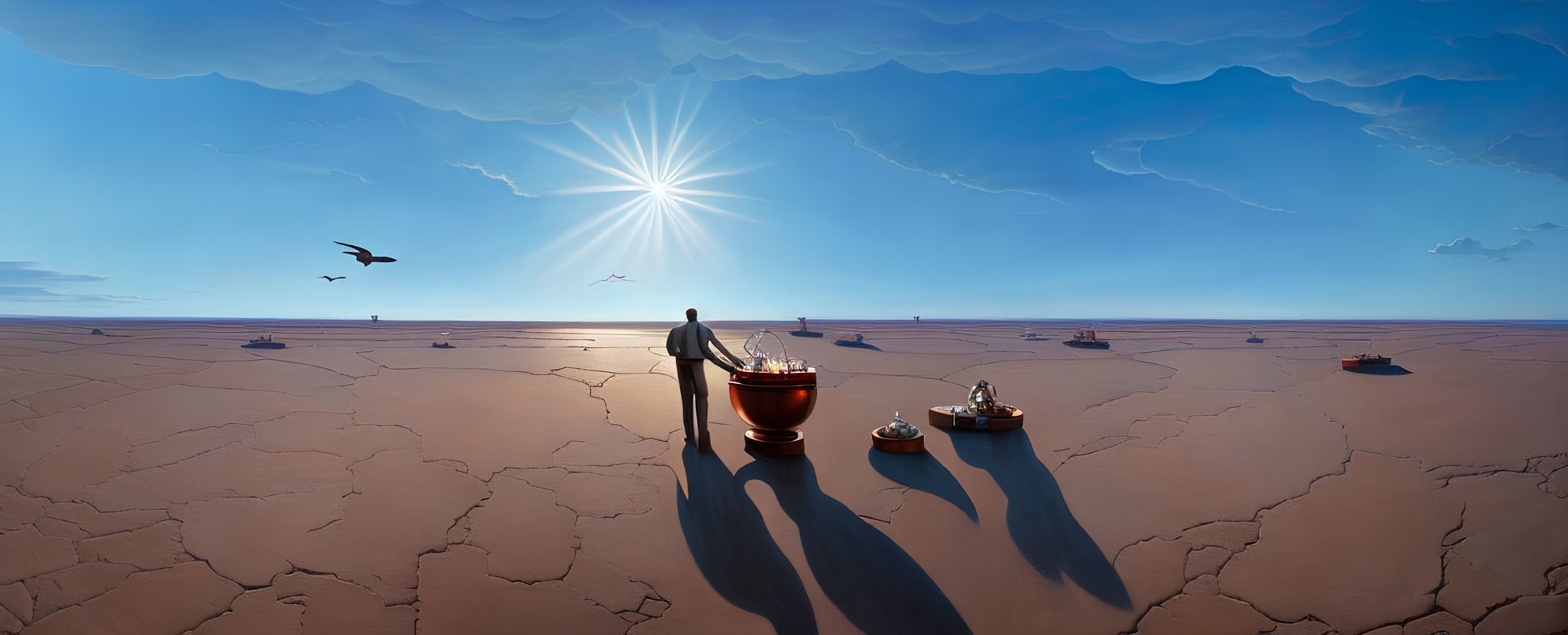 Surreal landscape with lone figure rowing boat on cracked earth
