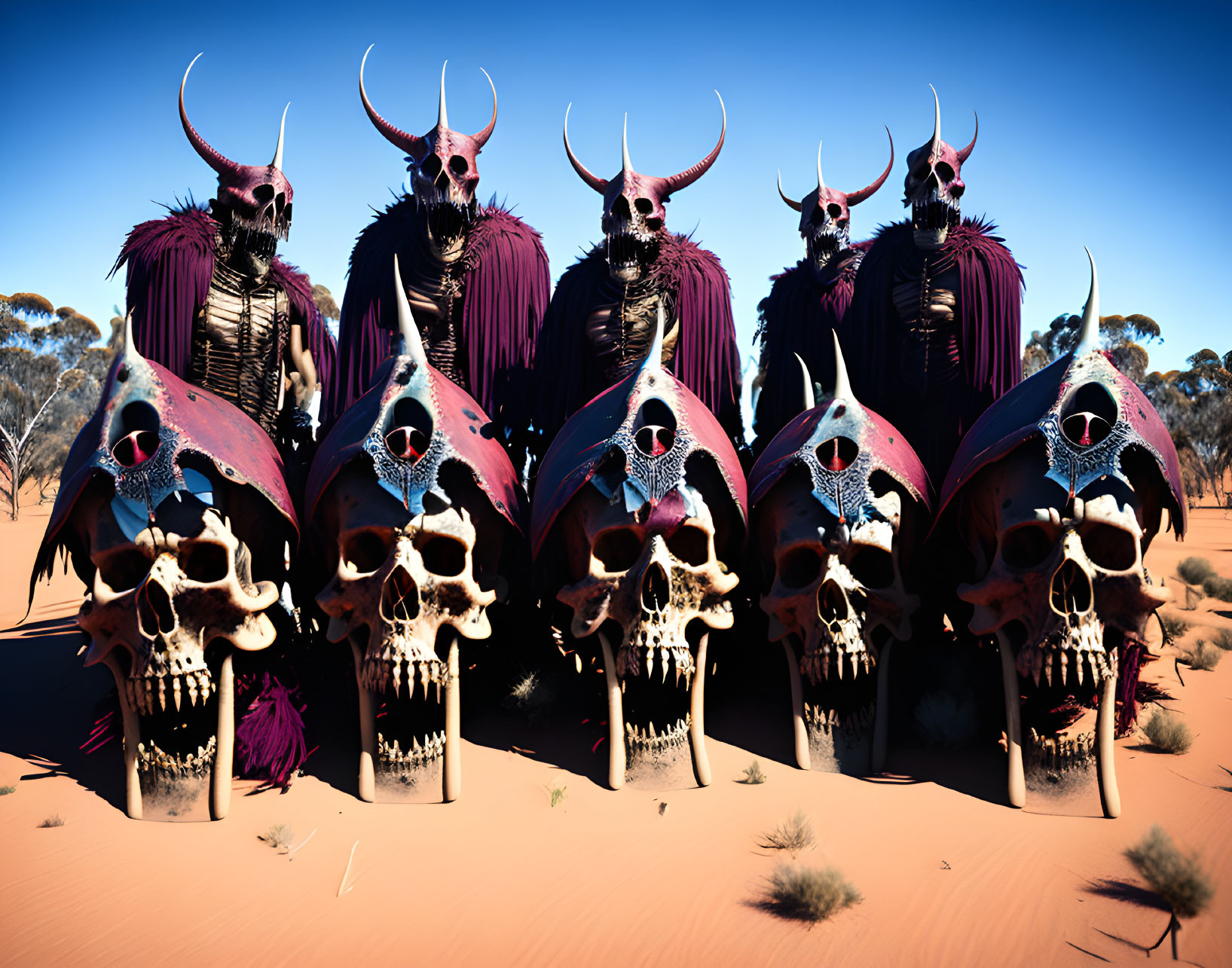 Menacing skull-faced figures with horns and red cloaks in desert landscape