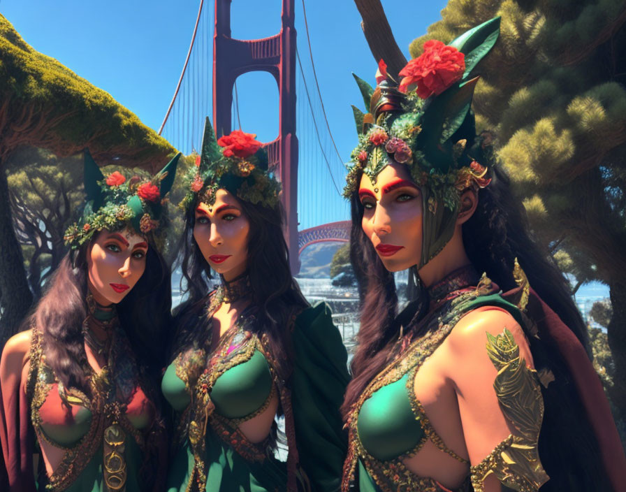 Three women in fantasy costumes with floral headpieces at Golden Gate Bridge landscape.