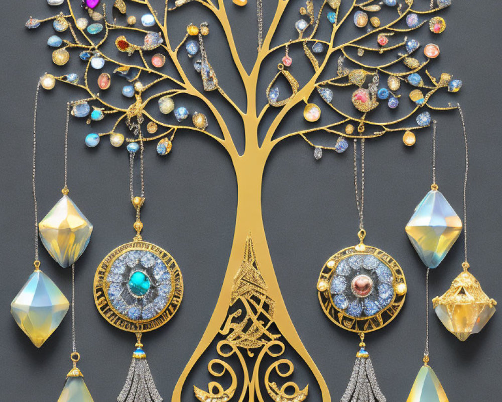 Golden Tree with Gemstones and Jeweled Pendants on Dark Background