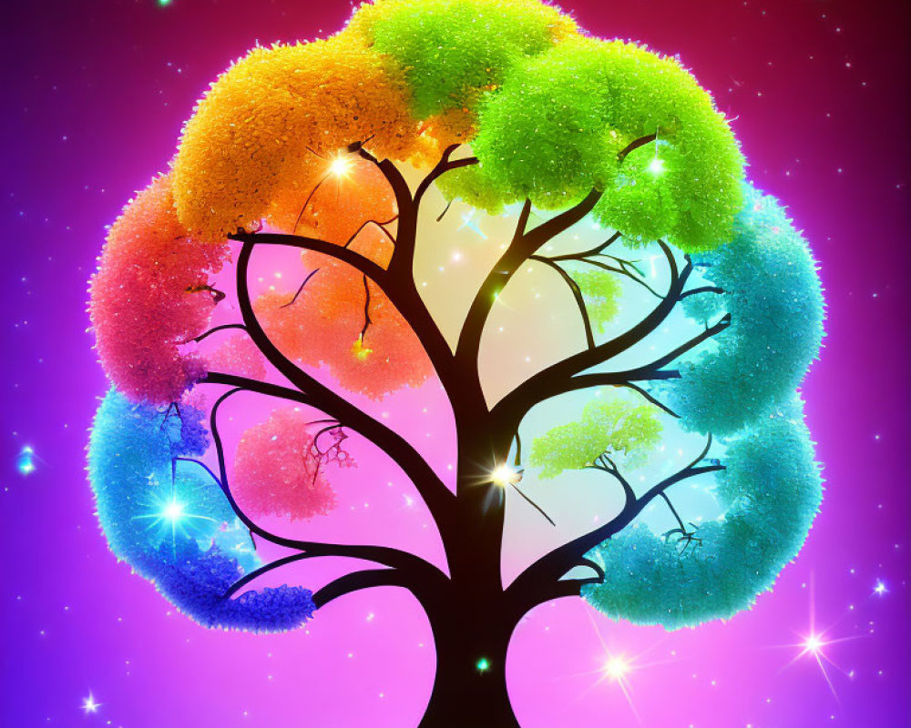 Colorful Tree with Luminous Leaves on Starry Night Sky