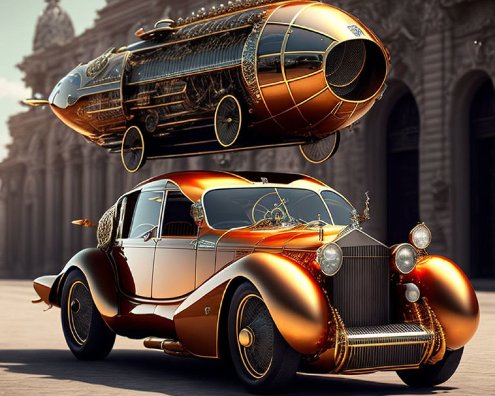 Retro-futuristic car and airship with steampunk designs in front of classical building