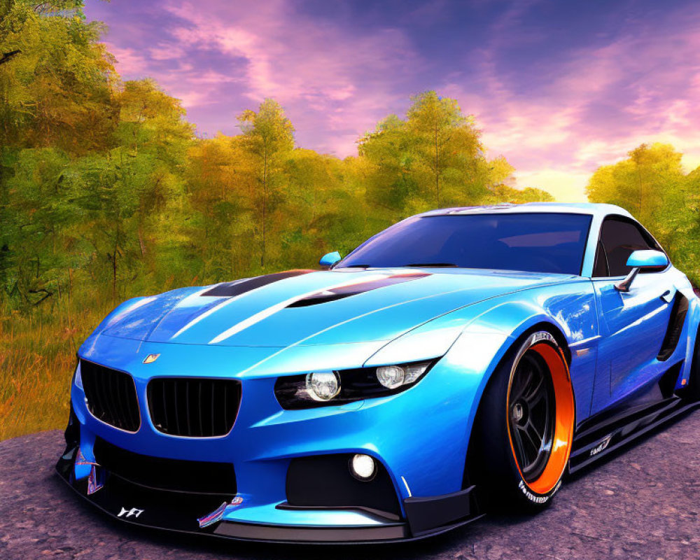 Vibrant blue sports car with black accents and custom rims near a forest at sunset