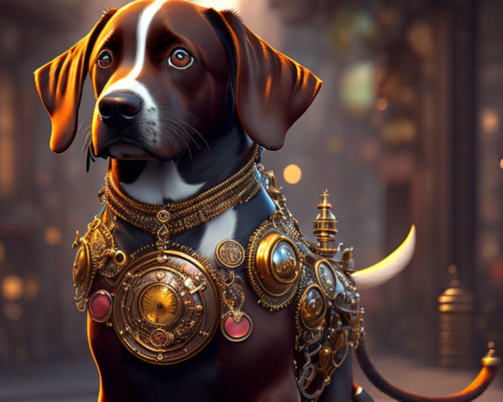 Regal dog wearing ornate golden jewelry in urban setting