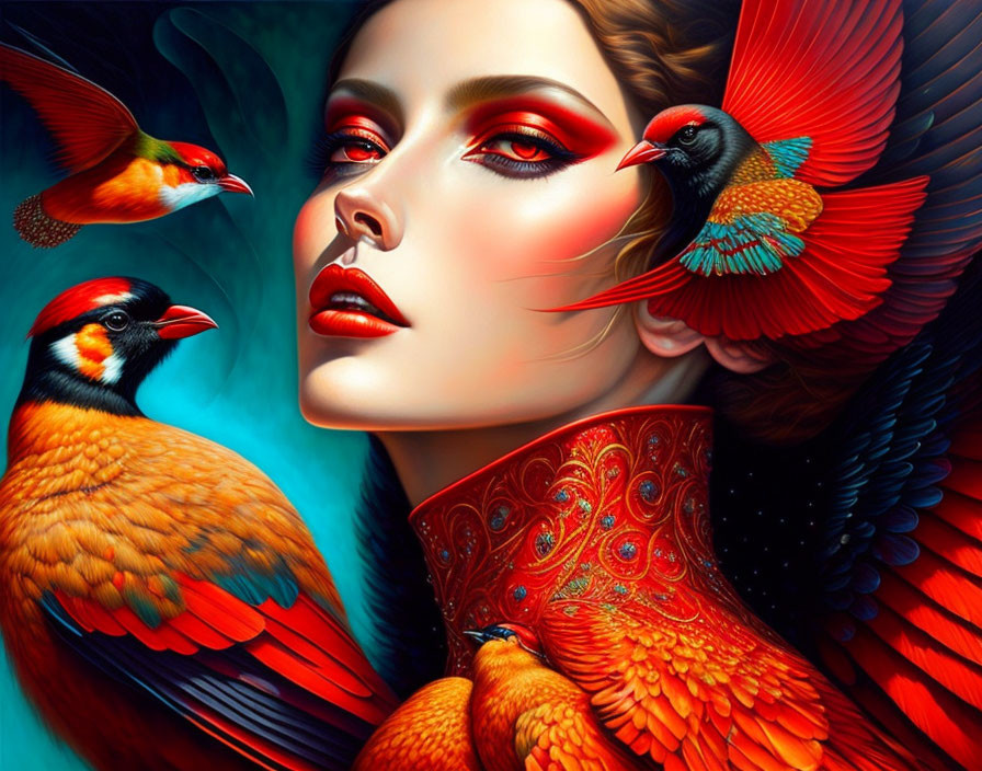 Colorful digital artwork of woman with red makeup and birds