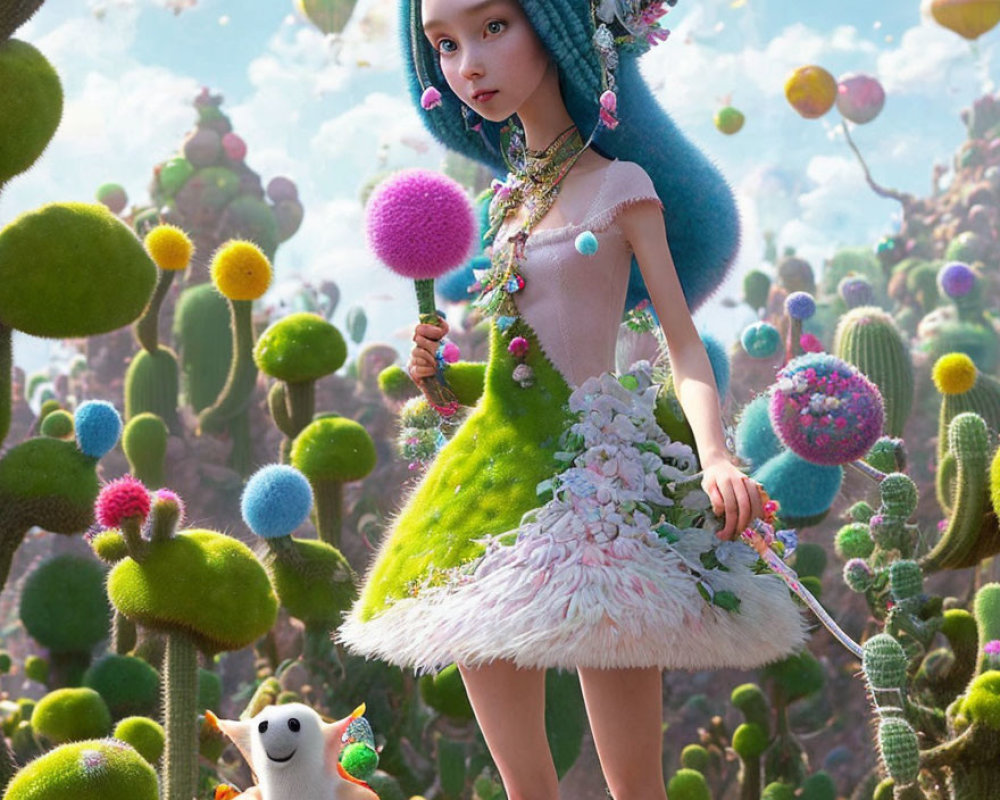 Whimsical animated girl with blue hair and pink fluffy plant among vibrant cacti
