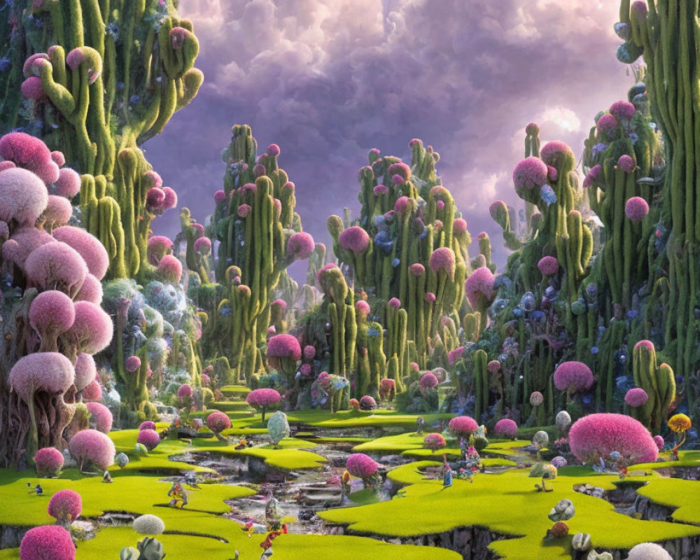 Vibrant green fantasy landscape with tall cacti-like plants