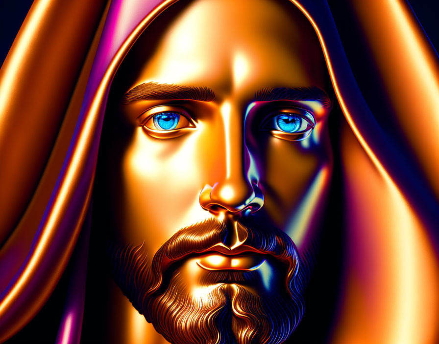 Detailed digital portrait of a man with blue eyes and neon lighting