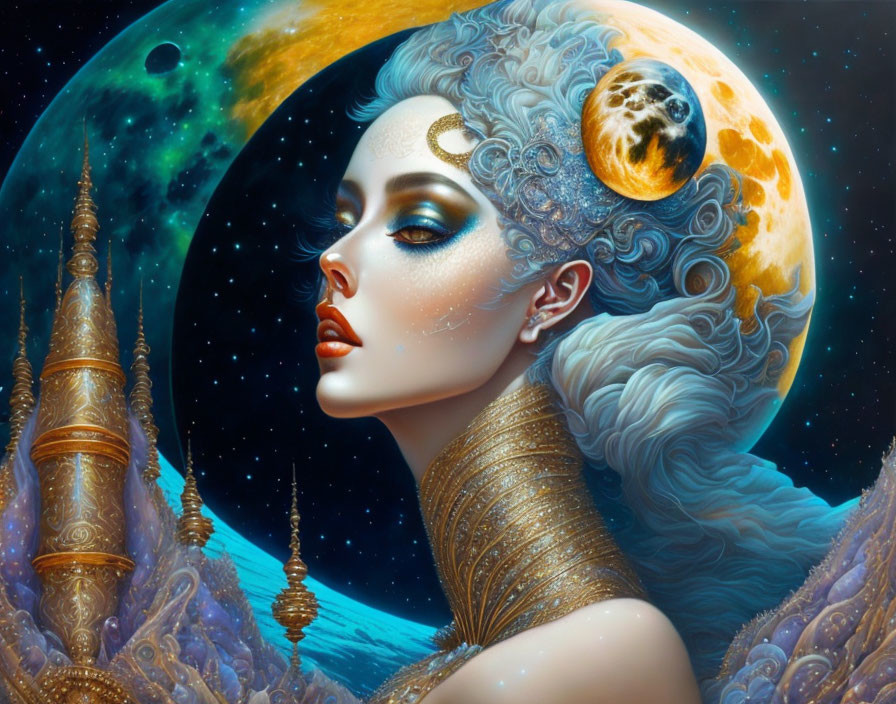 Surreal portrait of woman with celestial elements and fantasy landscape
