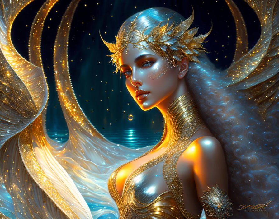 Ethereal woman in golden armor and winged headdress on starry background