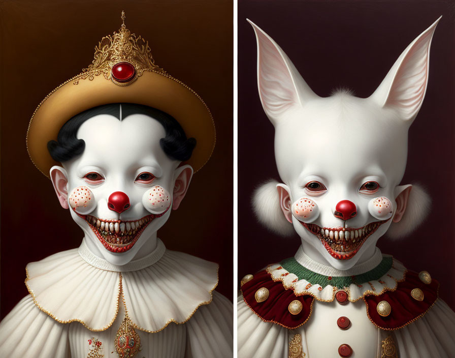 Surreal portraits of stylized characters with clown-like features