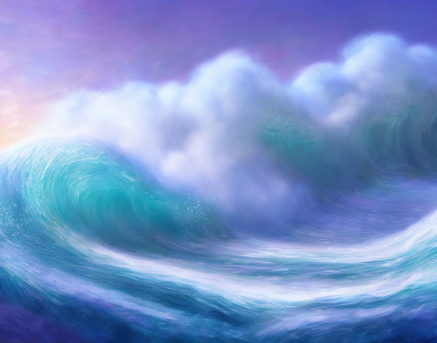 Ocean wave digital painting with blue and white tones against a purple sky