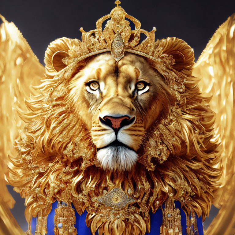 Majestic lion with golden crown and wings on ornate background