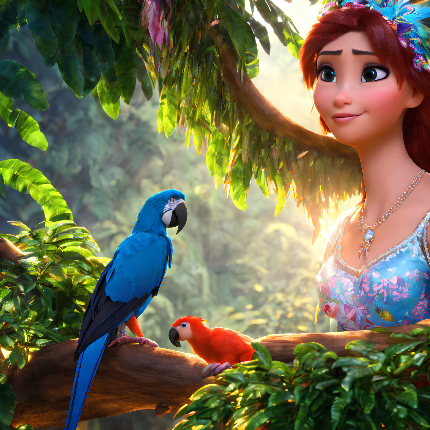 Smiling animated girl with blue top in jungle with macaw and red bird