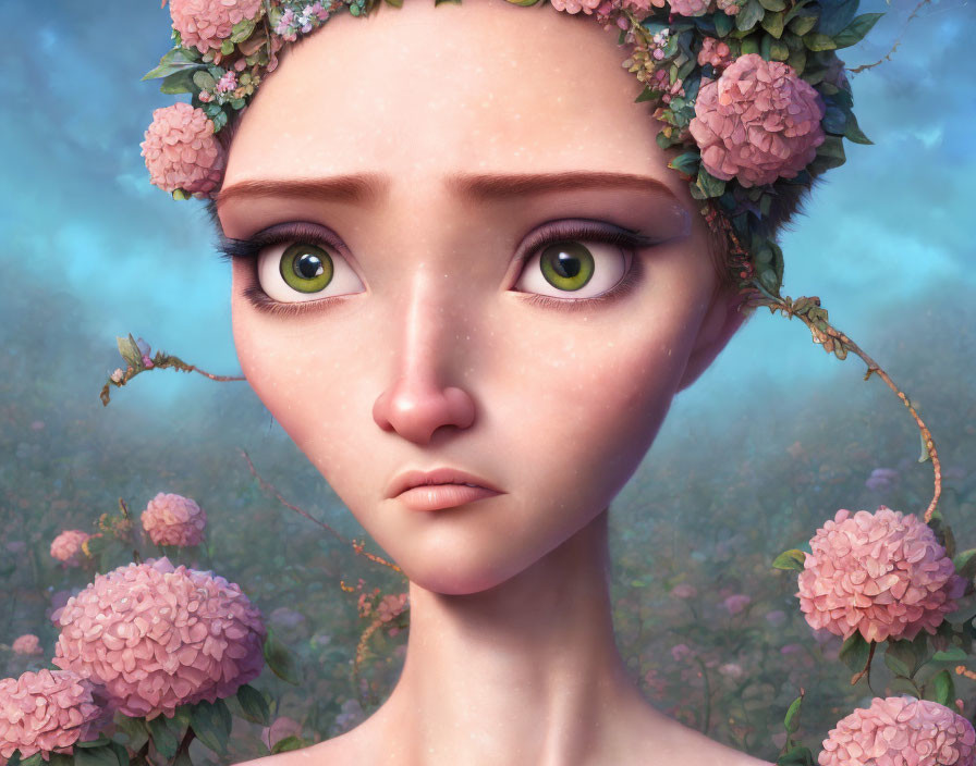 Digital artwork of female character with expressive eyes and pink flower crown, amidst hydrangea bushes