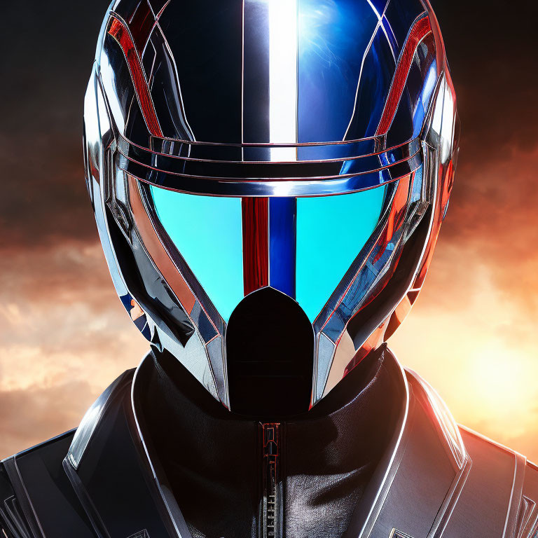 Futuristic helmet with blue visor on person against cloudy sky
