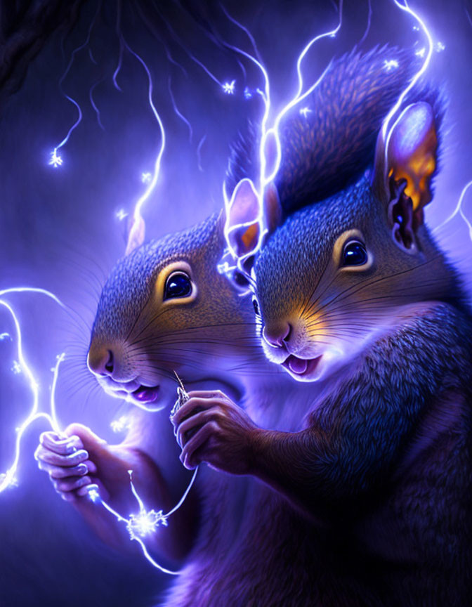 Vibrant blue and purple animated squirrels spark against mystical backdrop