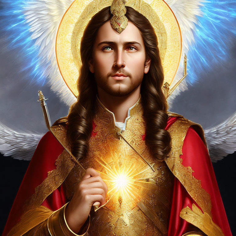 Regal figure with angelic wings and glowing sword in red and gold cloak