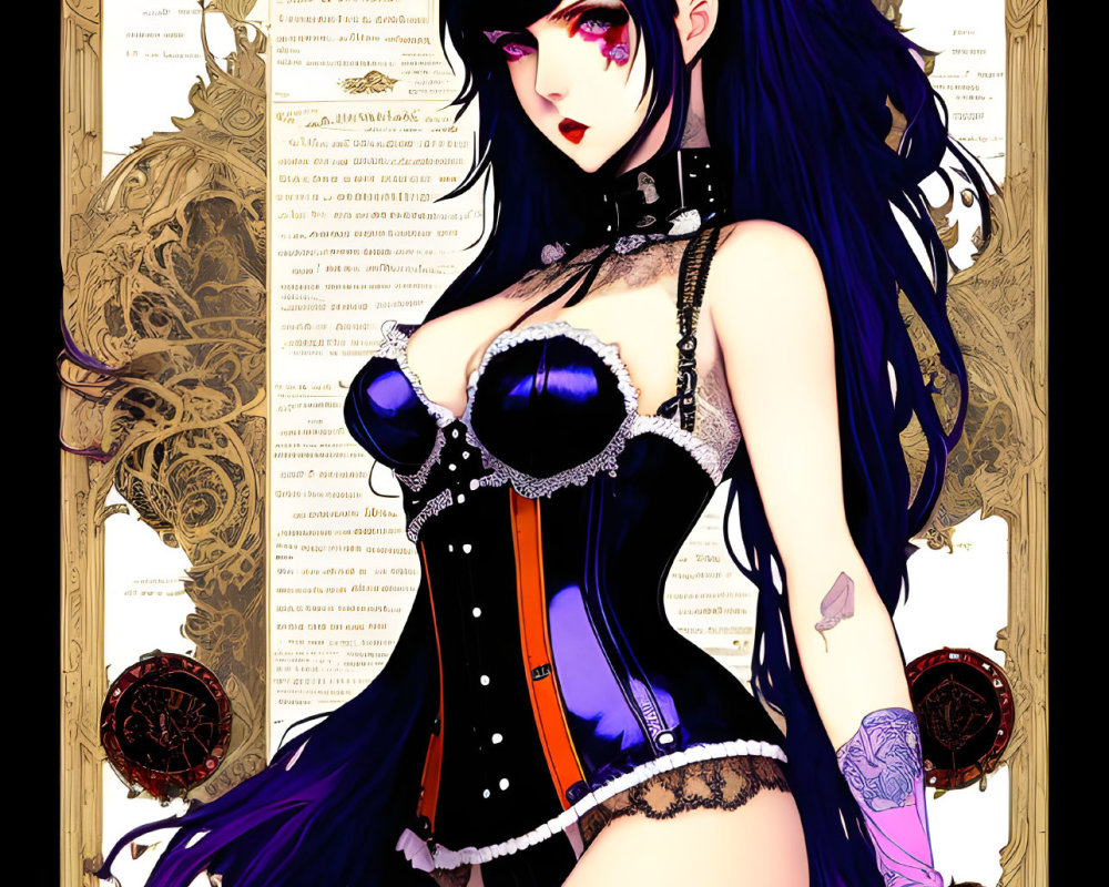 Female character with long purple hair, black corset, gothic jewelry, and tattoos.