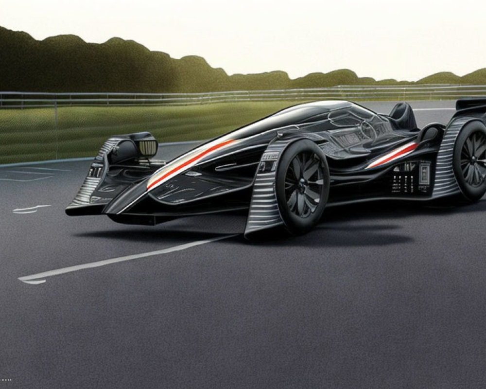 Sleek black futuristic race car on track with large wheels