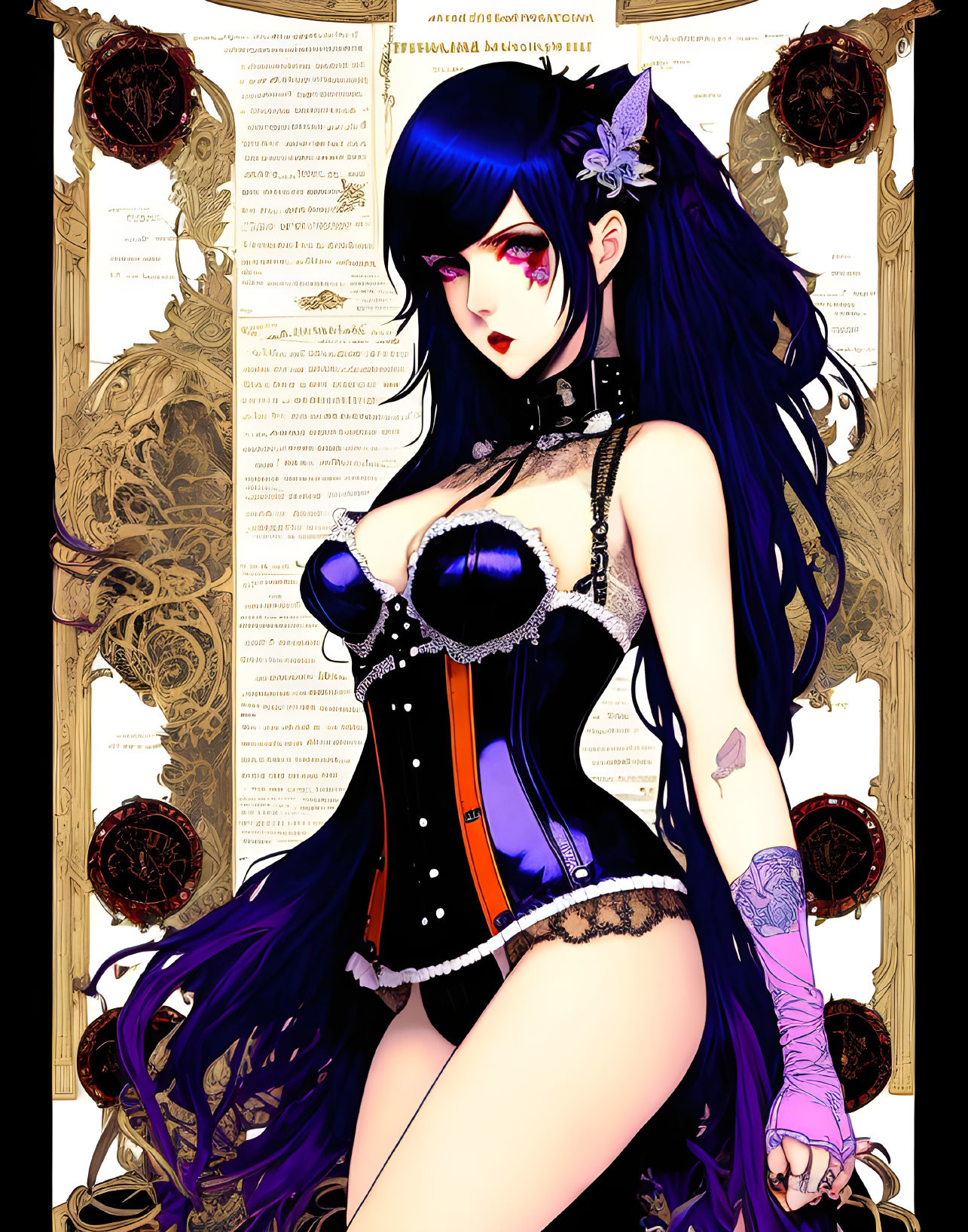 Female character with long purple hair, black corset, gothic jewelry, and tattoos.