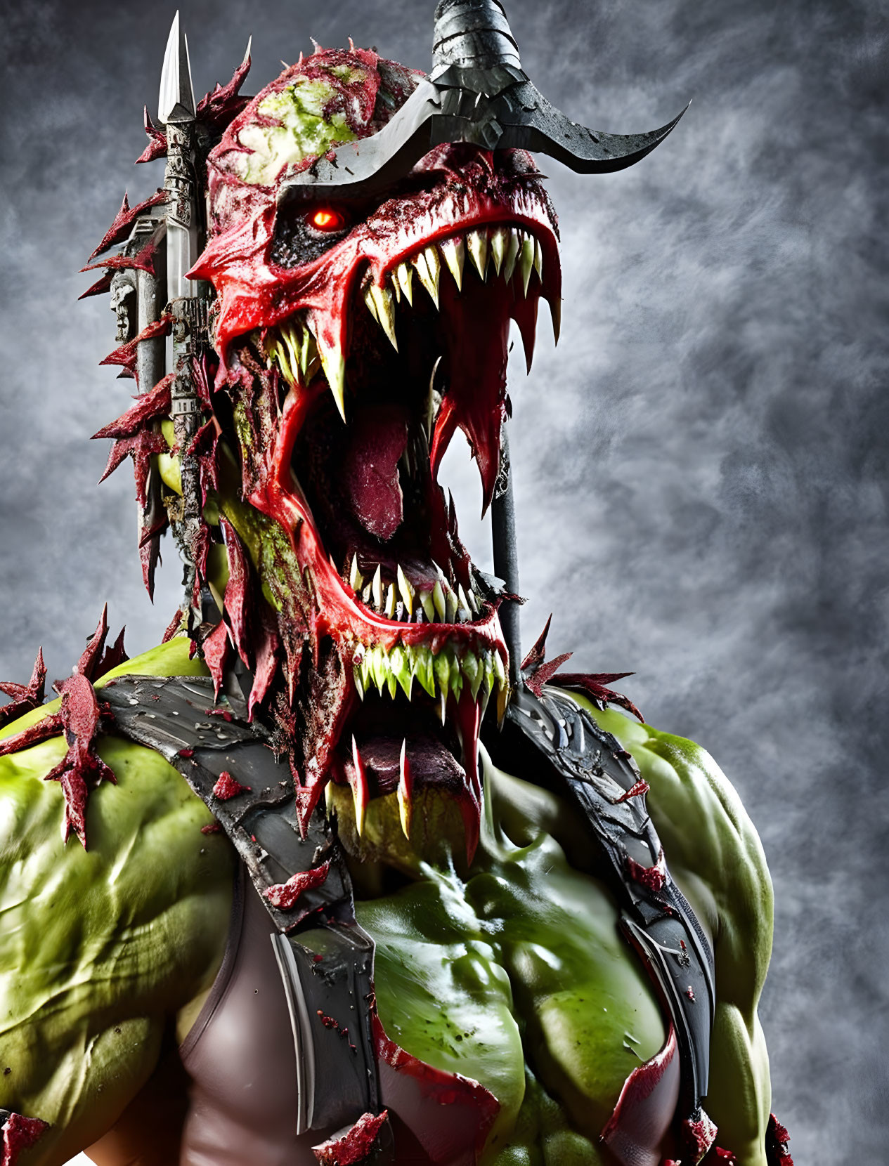 Monstrous green-skinned figure in spiky armor and horned helmet.