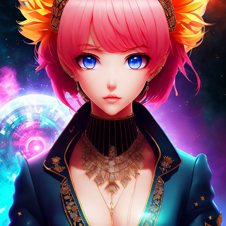 Anime-style illustration of character with pink hair and blue eyes in ornate jewelry and blue jacket on cosmic