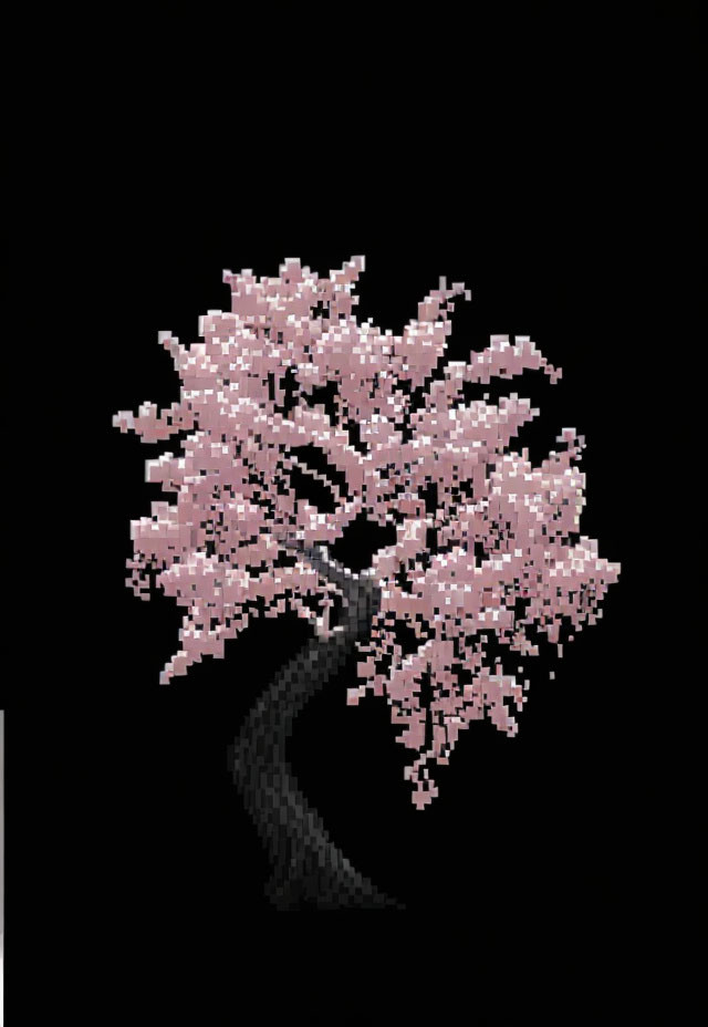 Cherry Blossom Tree Pixel Art on Black Background